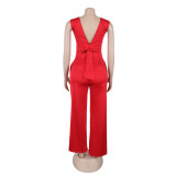 Solid Knitted Elastic Backless Bow Decor V Neck Sleeveless Two Pieces