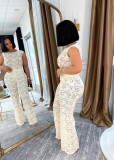 Solid Elegant See-through Lace Elastic Two-piece Sleeveless Set