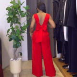 Solid Knitted Elastic Backless Bow Decor V Neck Sleeveless Two Pieces