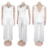Solid Knitted Elastic Backless Bow Decor V Neck Sleeveless Two Pieces