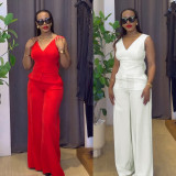 Solid Knitted Elastic Backless Bow Decor V Neck Sleeveless Two Pieces