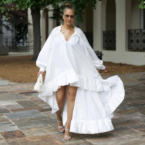 Casual Loose V Neck Lantern Sleeve Asymmetrical Hem Shirt Dress