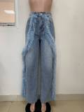 Women's Casual Straight Leg Jeans Feather-Trim Denim Baggy Stretchy Pants