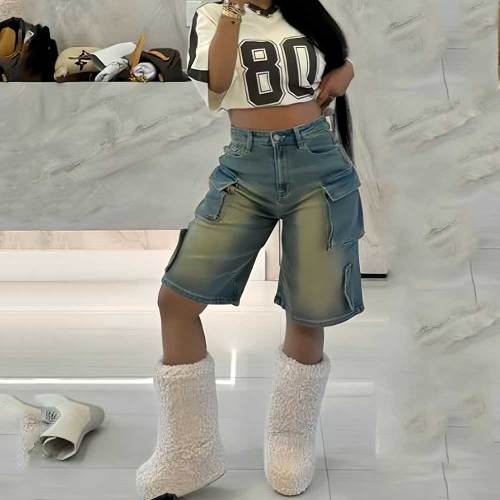 Denim Shorts Women Vintage Wide Leg Baggy Jean Shorts with Pockets Streetwear