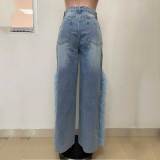 Women's Casual Straight Leg Jeans Feather-Trim Denim Baggy Stretchy Pants