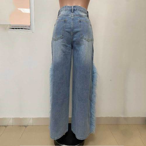 Women's Casual Straight Leg Jeans Feather-Trim Denim Baggy Stretchy Pants