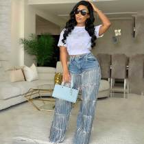 Women's High Waisted Jeans Fringe Wide Leg Baggy Bling Tassel Denim Pants