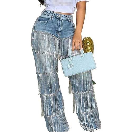 Women's High Waisted Jeans Fringe Wide Leg Baggy Bling Tassel Denim Pants
