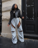 Spliced ​​Multi-zipper Elastic Drawstring Loose Straight Flared Pants