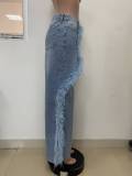 Women's Casual Straight Leg Jeans Feather-Trim Denim Baggy Stretchy Pants