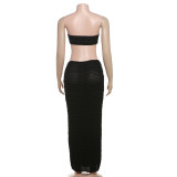 Elegant Women 2 Piece Set Midnight Thin Striped Knot Strapless Tops+Bandage Skirts 2023 Vacation Matching Clubwear
