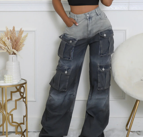 Multi-pocket Jean Buttoned Gradient Workwear Straight-leg Denim Trousers