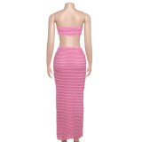 Elegant Women 2 Piece Set Midnight Thin Striped Knot Strapless Tops+Bandage Skirts 2023 Vacation Matching Clubwear