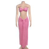 Elegant Women 2 Piece Set Midnight Thin Striped Knot Strapless Tops+Bandage Skirts 2023 Vacation Matching Clubwear