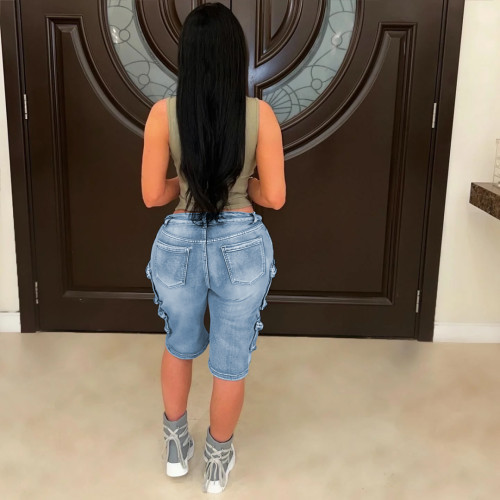 Cargo Bermuda Denim Shorts Women Raw Hem Jean Shorts with Pockets