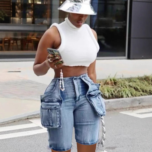 Women's Cargo Zipper Y2K Jeans Straight Leg Multi Pockets Denim Short