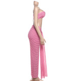 Elegant Women 2 Piece Set Midnight Thin Striped Knot Strapless Tops+Bandage Skirts 2023 Vacation Matching Clubwear