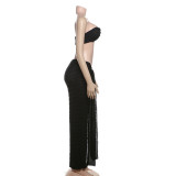 Elegant Women 2 Piece Set Midnight Thin Striped Knot Strapless Tops+Bandage Skirts 2023 Vacation Matching Clubwear