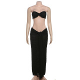 Elegant Women 2 Piece Set Midnight Thin Striped Knot Strapless Tops+Bandage Skirts 2023 Vacation Matching Clubwear