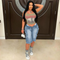 Cargo Bermuda Denim Shorts Women Raw Hem Jean Shorts with Pockets