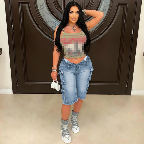Cargo Bermuda Denim Shorts Women Raw Hem Jean Shorts with Pockets