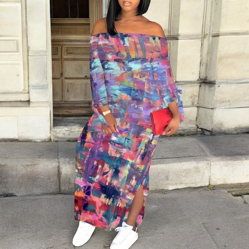 1 Piece Custom Casual Digital Printing Off Shoulder Maxi Dresses