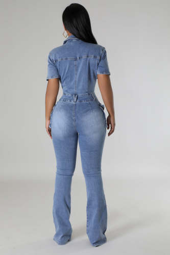 Solid Lapel Washed Denim Flared Pants Jumpsuit