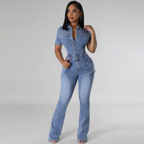 Solid Lapel Washed Denim Flared Pants Jumpsuit