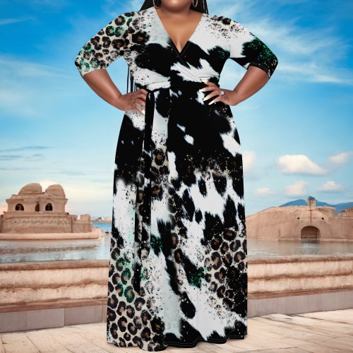 1 Piece Custom Casual Digital Printing V Neck Plus Size Maxi Dress with Belted