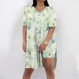 1 Piece Custom Casual Digital Printing Short Sleeve V Neck 2 Piece Set