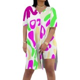1 Piece Custom Casual Digital Printing Short Sleeve V Neck 2 Piece Set