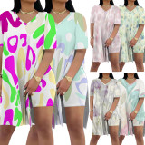 1 Piece Custom Casual Digital Printing Short Sleeve V Neck 2 Piece Set