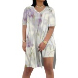 1 Piece Custom Casual Digital Printing Short Sleeve V Neck 2 Piece Set