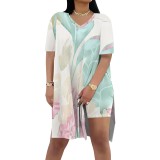 1 Piece Custom Casual Digital Printing Short Sleeve V Neck 2 Piece Set