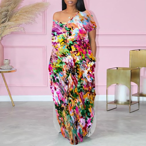 1 Piece Custom Casual Digital Printing V Neck Maxi Dress With Pockets