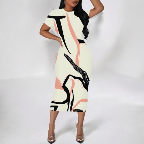 1 Piece Custom Casual Digital Printing Short Sleeve Midi Dresses
