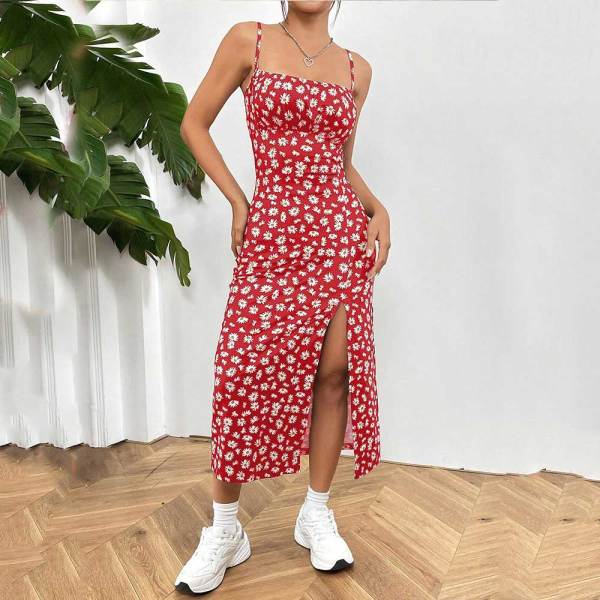 Printed Knit Spaghetti Strap Split Hem Dress For Women