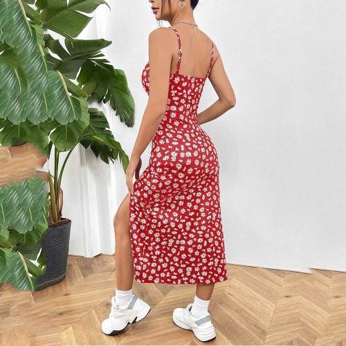 Printed Knit Spaghetti Strap Split Hem Dress For Women
