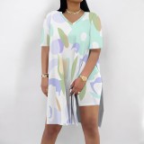 1 Piece Custom Casual Digital Printing Short Sleeve V Neck 2 Piece Set