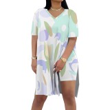 1 Piece Custom Casual Digital Printing Short Sleeve V Neck 2 Piece Set