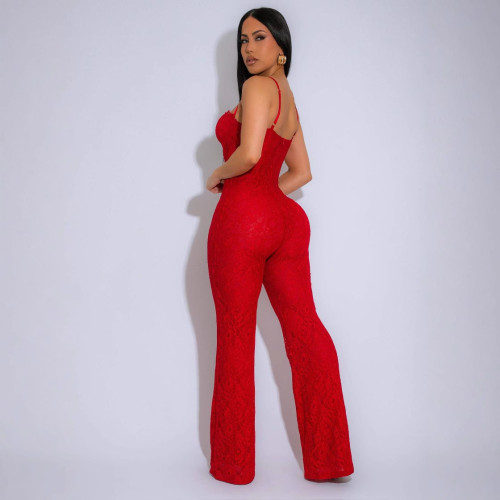 Solid Lace Mesh Straps Jumpsuit Black