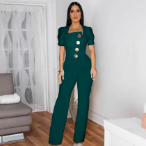 Solid Large Button Short-sleeved Sports Jumpsuit