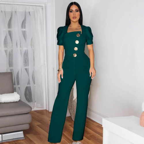 Solid Large Button Short-sleeved Sports Jumpsuit