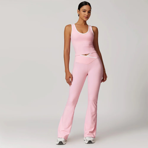 Contrast Color Flared Pants Yoga Running Fitness Clothing Two-piece