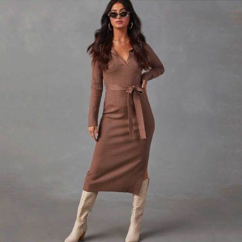 Solid Lapel Stretch Knitting Hollow Out Midi Dress