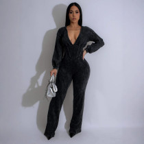 Solid V Neck Patchwork Sports Sports Fitness Jumpsuit