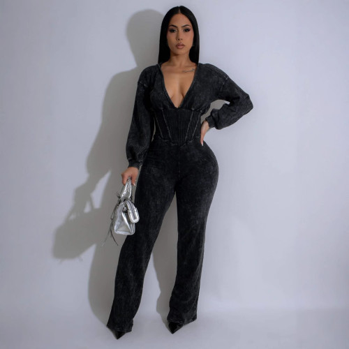 Solid V Neck Patchwork Sports Sports Fitness Jumpsuit