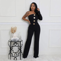 Women's Solid Color Button Single Shoulder Black Elegant Jumpsuit