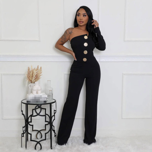 Women's Solid Color Button Single Shoulder Black Elegant Jumpsuit