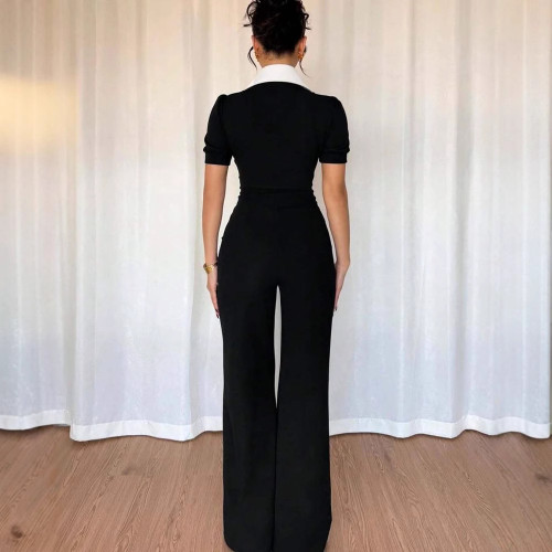 Solid Color Lapel Button Colorblock Jumpsuit